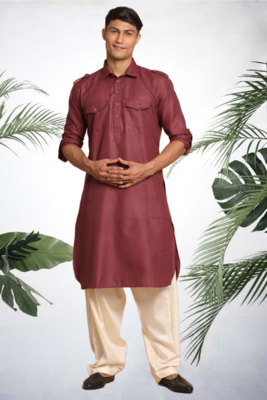 Men's maroon cotton blend pathani suit set 1