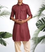 Men's maroon cotton blend pathani suit set