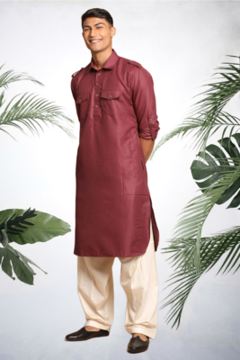 Men's maroon cotton blend pathani suit set 2