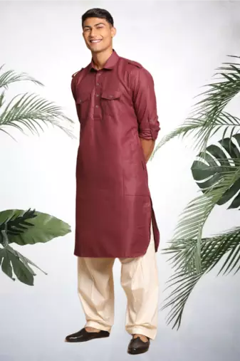 Men's maroon cotton blend pathani suit set