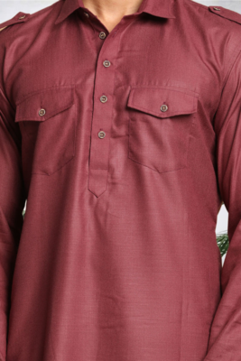 Men's maroon cotton blend pathani suit set 3