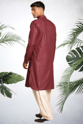Men's maroon cotton blend pathani suit set 4