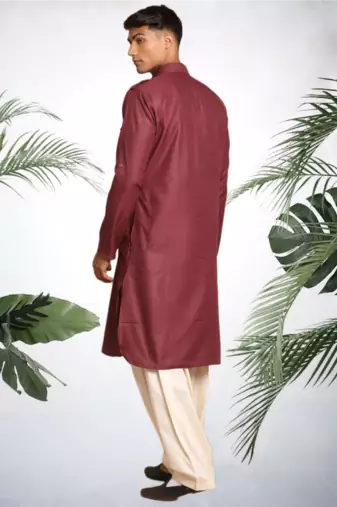 Men's maroon cotton blend pathani suit set