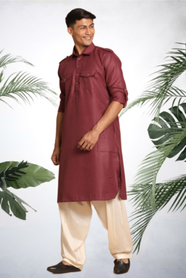 Men's maroon cotton blend pathani suit set 5