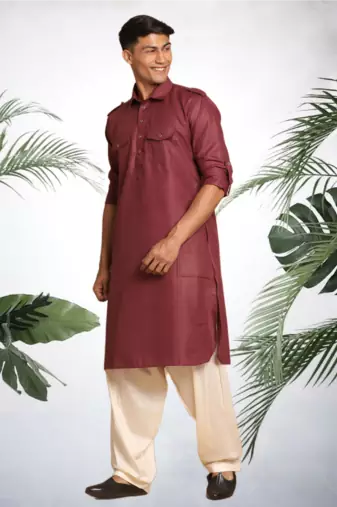 Men's maroon cotton blend pathani suit set