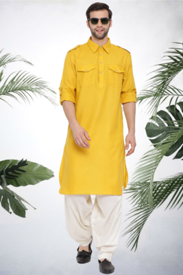 Men's yellow cotton blend pathani suit set 1