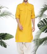 Men's yellow cotton blend pathani suit set