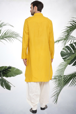 Men's yellow cotton blend pathani suit set 2