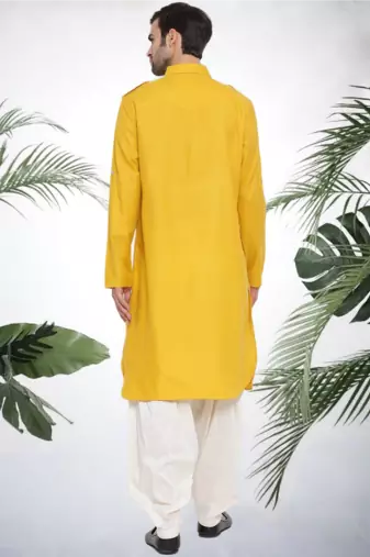 Men's yellow cotton blend pathani suit set