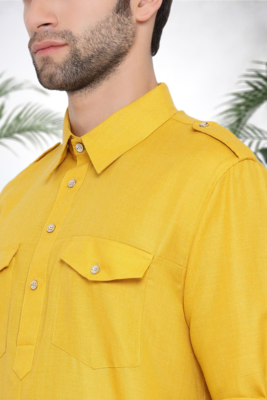 Men's yellow cotton blend pathani suit set 3