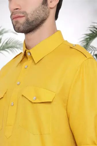 Men's yellow cotton blend pathani suit set