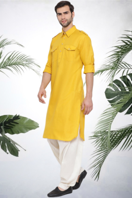 Men's yellow cotton blend pathani suit set 4