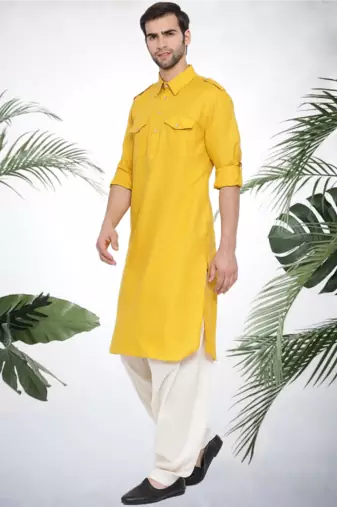Men's yellow cotton blend pathani suit set