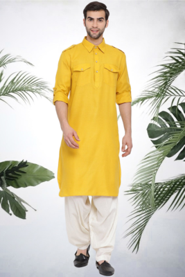 Men's yellow cotton blend pathani suit set 5