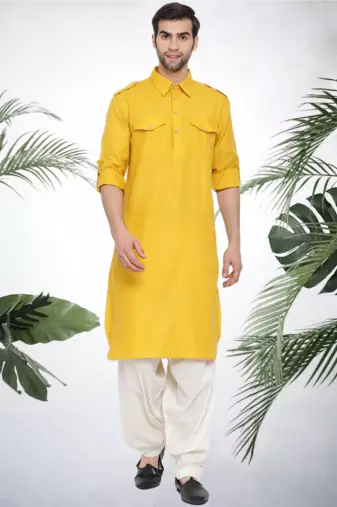 Men's yellow cotton blend pathani suit set