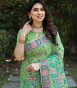 Koram Green Pashmina Weaving Soft Cotton Weaving Borders Havy Design Saree With Blouse For Women