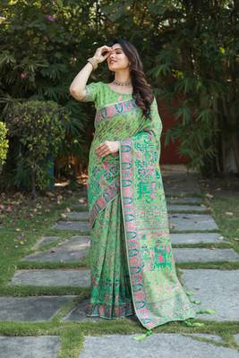 Koram Green Pashmina Weaving Soft Cotton Weaving Borders Havy Design Saree With Blouse For Women 3