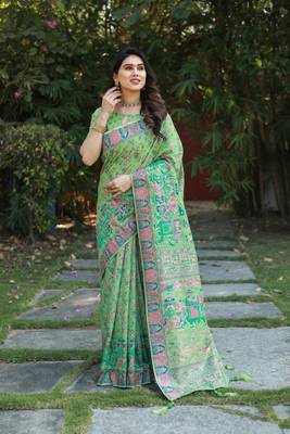 Koram Green Pashmina Weaving Soft Cotton Weaving Borders Havy Design Saree With Blouse For Women 4