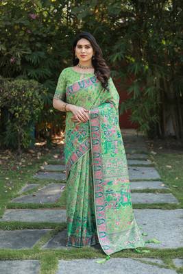 Koram Green Pashmina Weaving Soft Cotton Weaving Borders Havy Design Saree With Blouse For Women 5