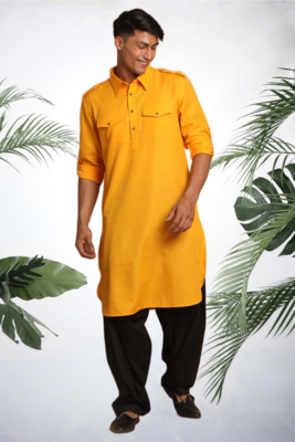 Men's yellow cotton blend pathani suit set 1
