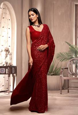 Red Georgette Sequins Heavy Embroidery Work Saree 3