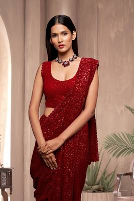 Red Georgette Sequins Heavy Embroidery Work Saree 4