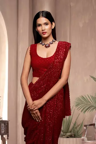 Trendmalls Red Georgette Sequins Heavy Embroidery Work Saree