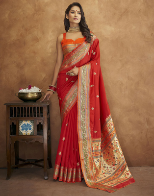 Koram Red Paithani Silk Copper Zari Weawing Motifs And Rich Zari Saree With Blouse For Women 2