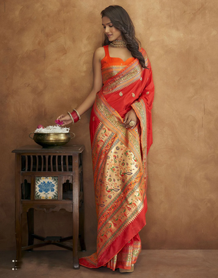 Koram Red Paithani Silk Copper Zari Weawing Motifs And Rich Zari Saree With Blouse For Women 3