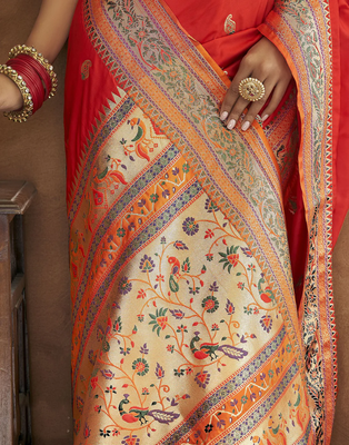 Koram Red Paithani Silk Copper Zari Weawing Motifs And Rich Zari Saree With Blouse For Women 4