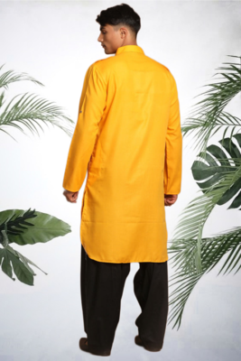 Men's yellow cotton blend pathani suit set 3