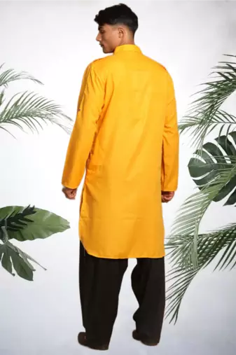 Men's yellow cotton blend pathani suit set