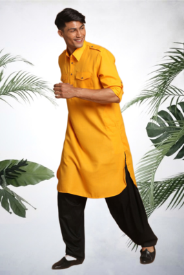 Men's yellow cotton blend pathani suit set 4