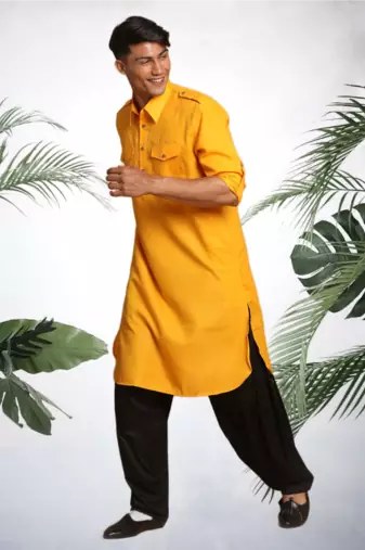 Men's yellow cotton blend pathani suit set