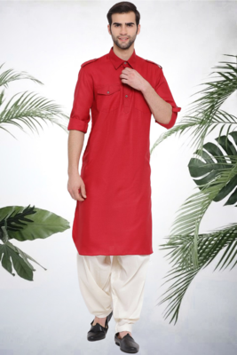 Men's red cotton blend pathani suit set 1