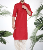 Men's red cotton blend pathani suit set
