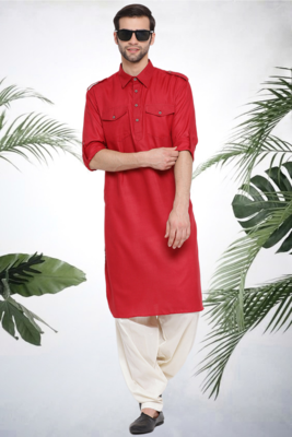 Men's red cotton blend pathani suit set 2