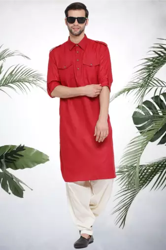 Men's red cotton blend pathani suit set