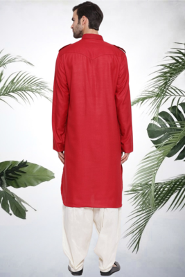 Men's red cotton blend pathani suit set 3