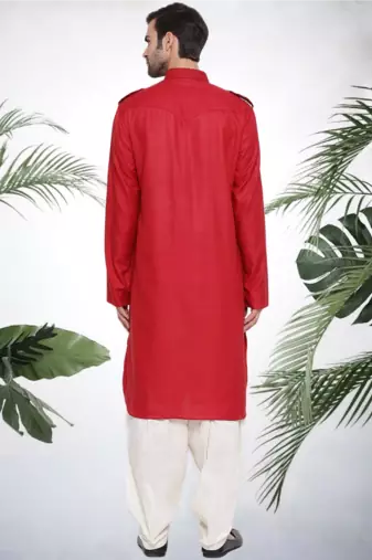 Men's red cotton blend pathani suit set
