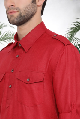 Men's red cotton blend pathani suit set 4