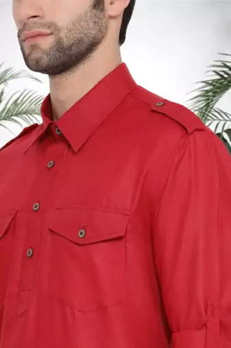 Men's red cotton blend pathani suit set