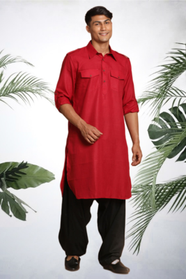 Men's red cotton blend pathani suit set 1