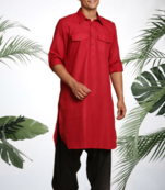 Men's red cotton blend pathani suit set