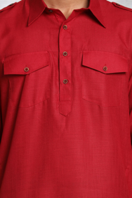 Men's red cotton blend pathani suit set 2