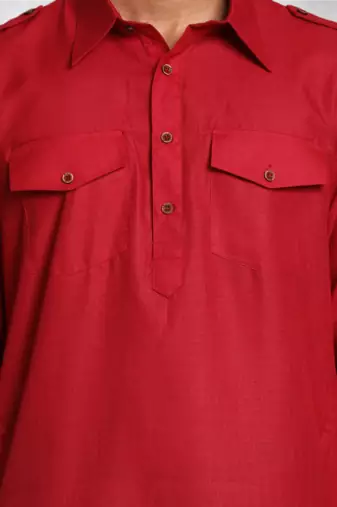 Men's red cotton blend pathani suit set