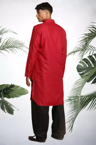 Men's red cotton blend pathani suit set