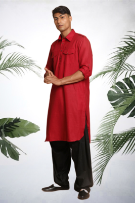 Men's red cotton blend pathani suit set 4