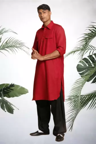 Men's red cotton blend pathani suit set