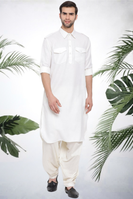 Men's white cotton blend pathani suit set 1